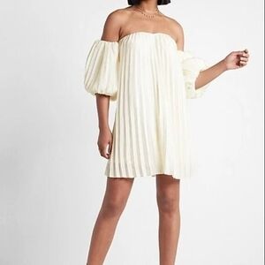 New! Express Ivory Pleated Off-Shoulder Lantern Sleeve Mini Dress XL NWOT